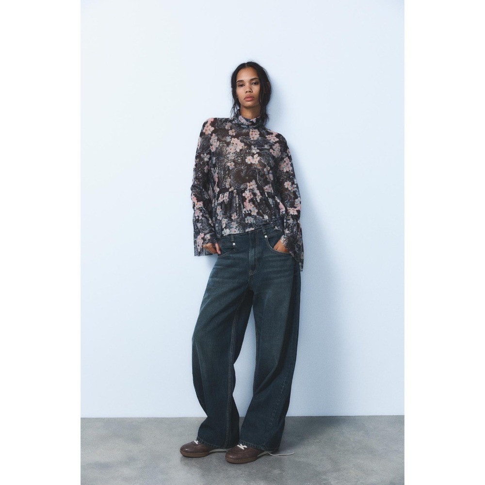 Zara Floral Mesh Sheer Turtleneck Trumpet Sleeve Top Women's Size Small NWT